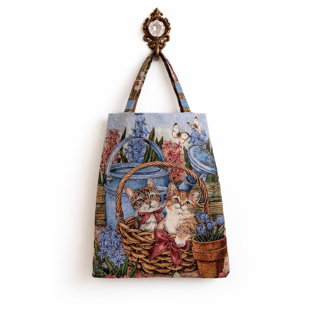 Vintage Cat Tapestry Tote Collapsible Bag Boho Kittens Basket Floral Travel